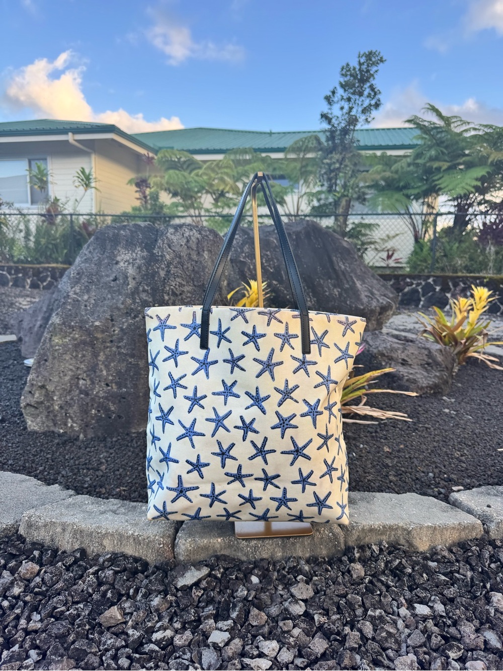 Kate Spade New York Blue Starfish Canvas Tote Bag Coastal Beach Shoulder Bag